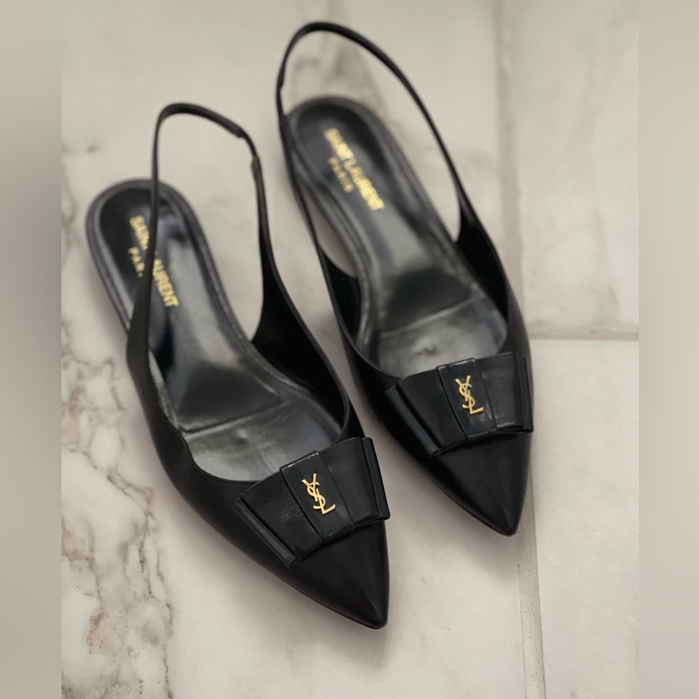 Saint Laurent Anais YSL logo bow slingback black flats 38